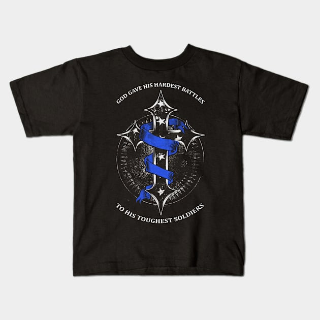 God Gave His Hardest Battles Toughest Soldiers Chronic Fatigue Syndrome Awareness Blue Ribbon Warrior Kids T-Shirt by celsaclaudio506